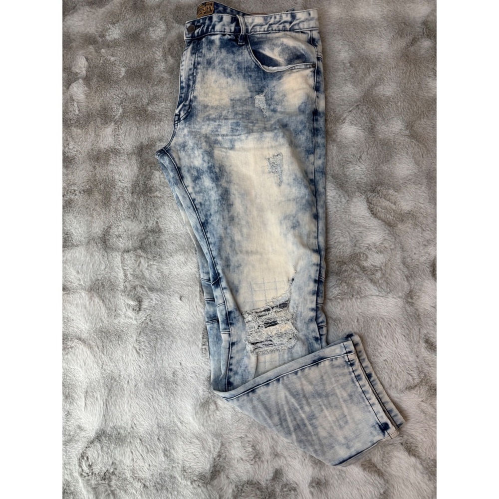 Grindhouse Denim Mens 44 Acid Wash Distressed Biker Straight Leg Jeans Blue-0640